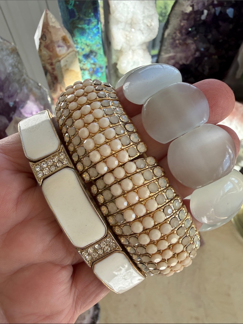 selenite Gold & White crystal Beaded Stretch Bracelet Set - Elegant